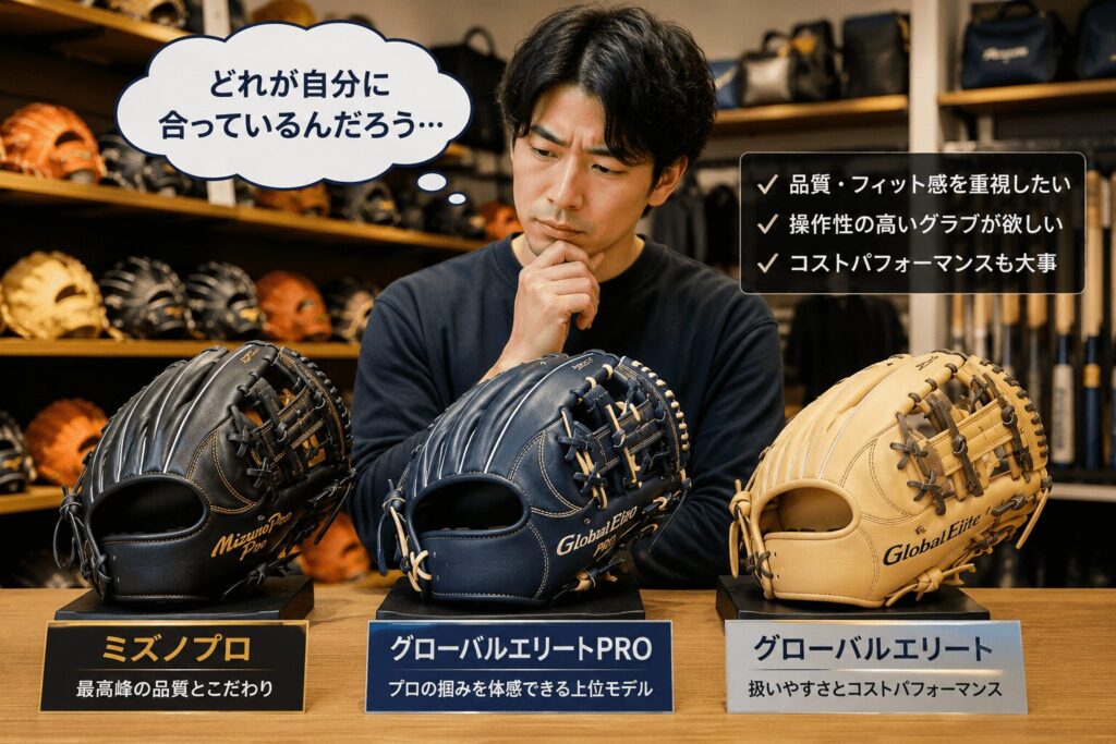 グラブ購入に悩んでいる男性