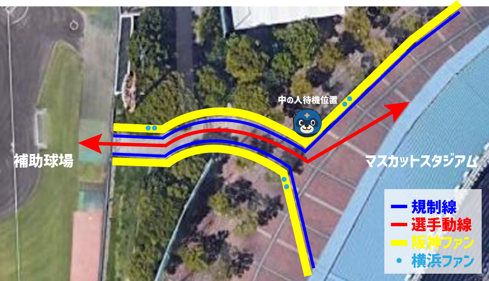 マスカットスタジアムと補助球場 阪神ファンの待ち列図