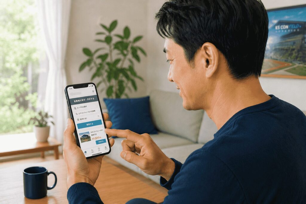 スマホで駐車場を予約する父親