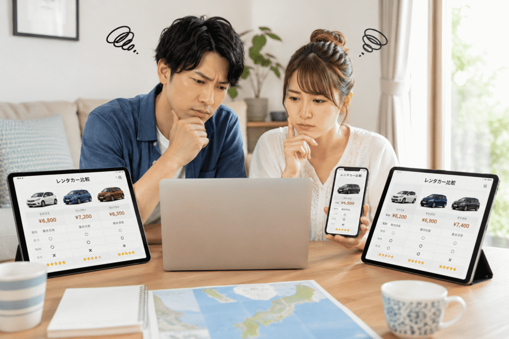 レンタカーサイトに悩むカップル